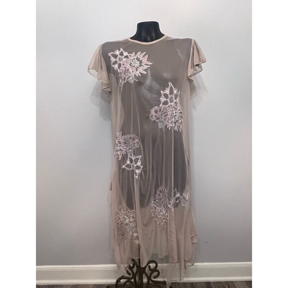 Zara Trafaluc Dress Mesh Asymmetric SzM Nude Sheer Gauzy Floral Ruffle Coquette - Picture 1 of 5